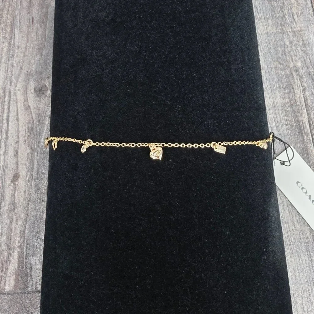 COACH Signature C Charm Bracelet 14K Gold Plated Hangtag Cubic Zirconia Gift New